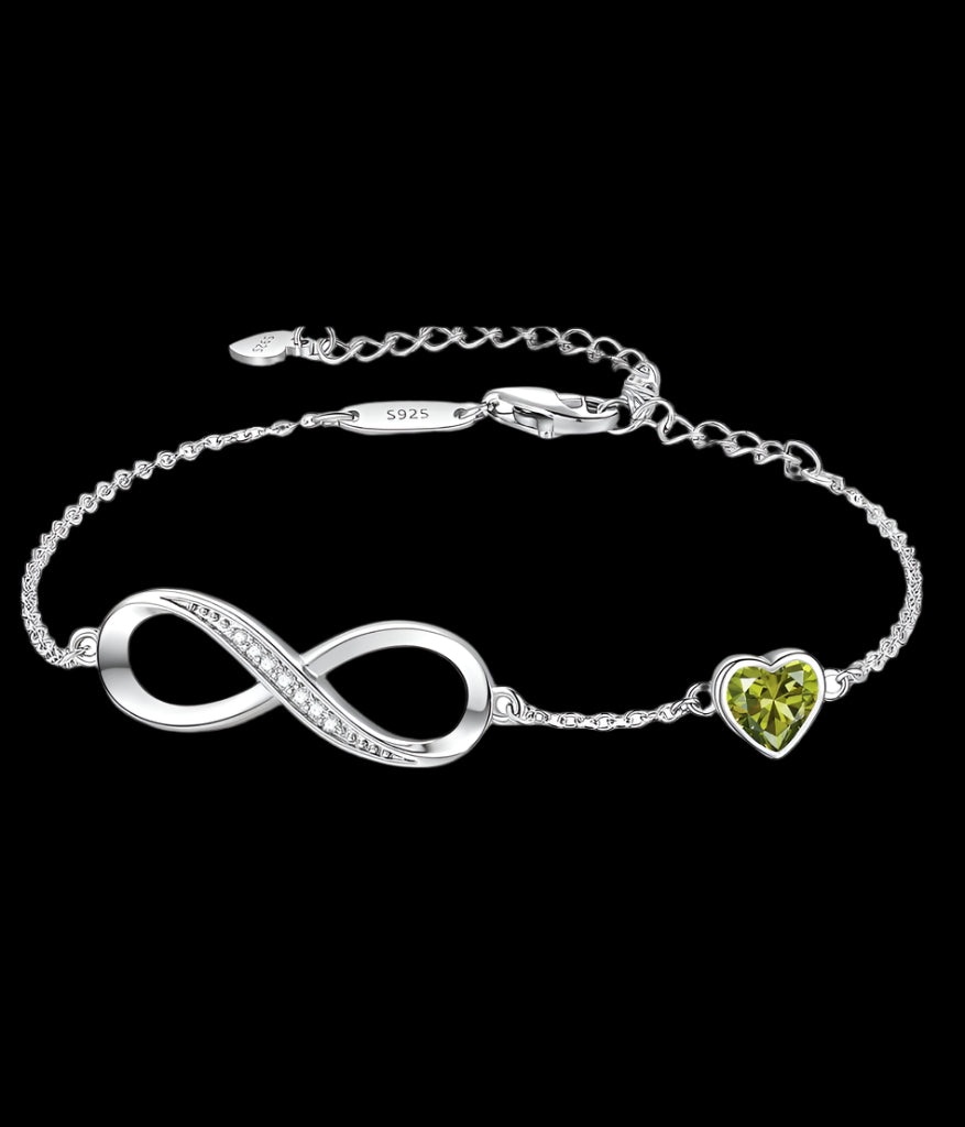 925 Silver Infinity Heart Birthstone Charm Bracelet