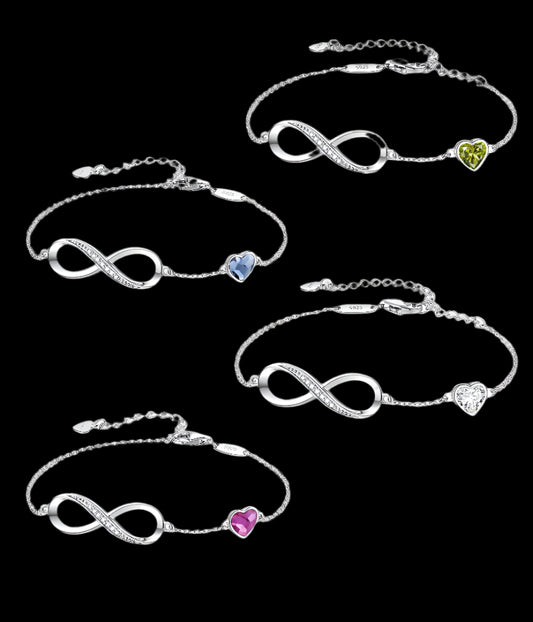 925 Silver Infinity Heart Birthstone Charm Bracelet