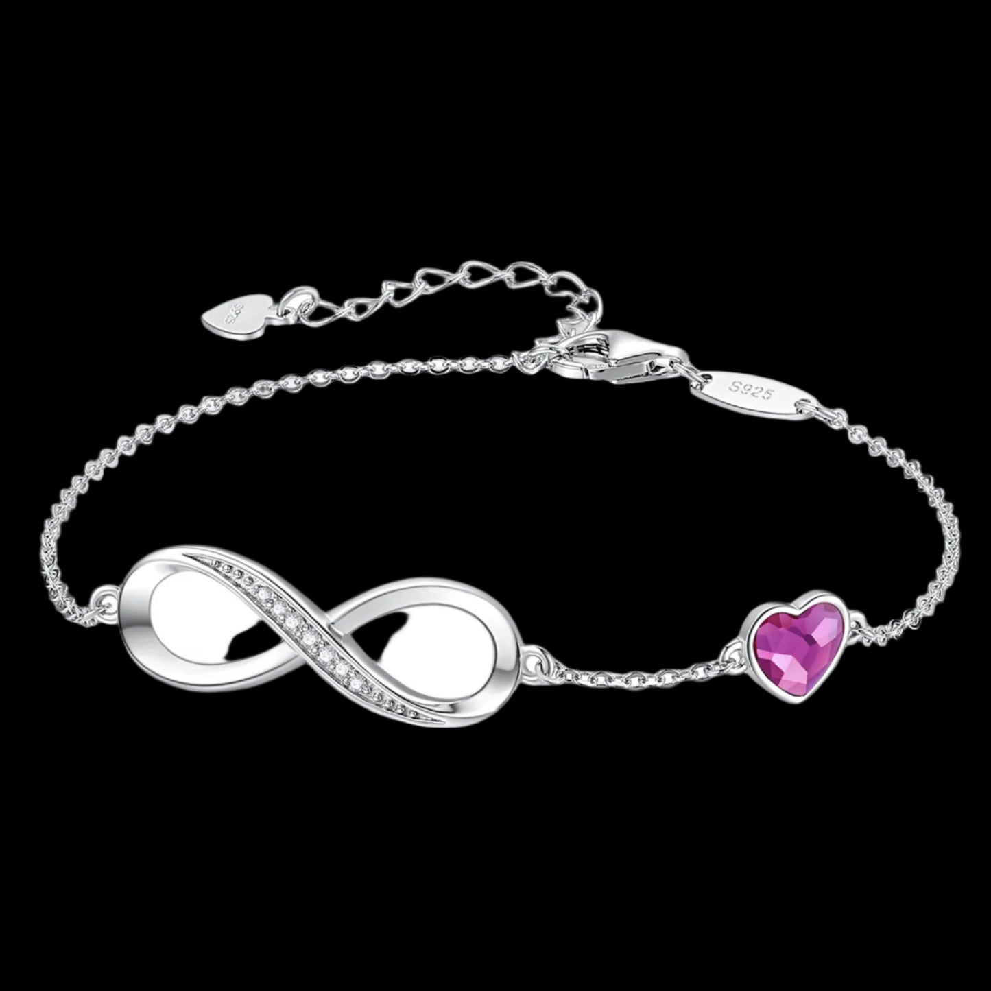 925 Silver Infinity Heart Birthstone Charm Bracelet